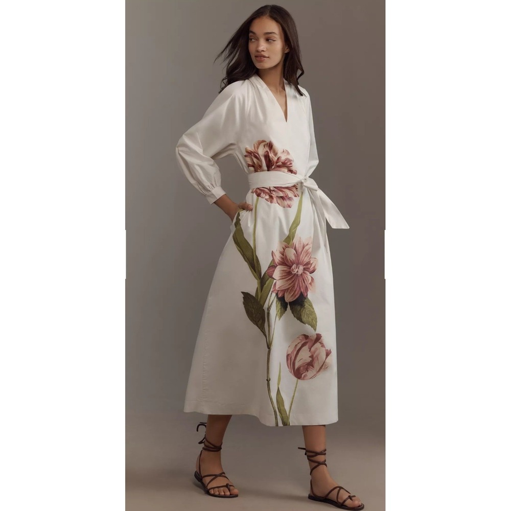Anthropologie Belted V-Neck Floral Midi Dress MP Medium Petite Cotton Pockets - Picture 2 of 13